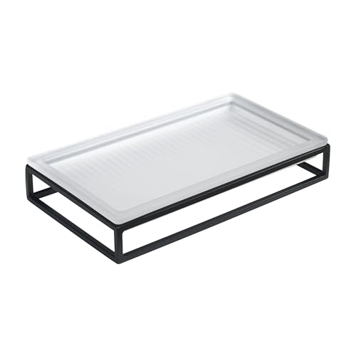 Ribbed Glass and Metal Tray – Frosted White with Black Accents, Modern Minimalist Storage