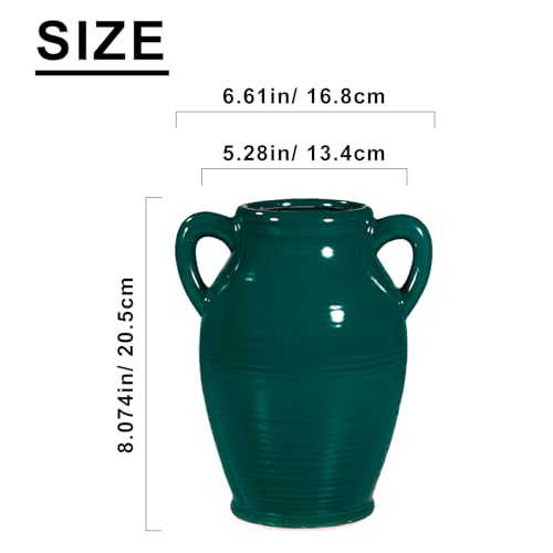 Sunddo Modern Ceramic Vase for Decor - 8 Inch Green Decorative Vase with 2 Handles, Pampas Grass Vases for Centerpieces, Living Room,Table Dining, Mantle, Console, Kitchen Decor - color: Dark Green - 8, size: 8 Inch