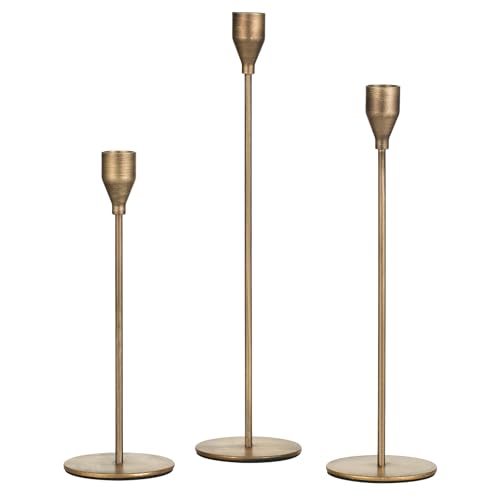 Brass Taper Candle Holders: Set of 3 Tall Candlestick Holder for Table Centerpiece Metal Gold Candles Stick Holders Candle Stand Brushed Wedding Decor - color: Brass, size: 3PCS