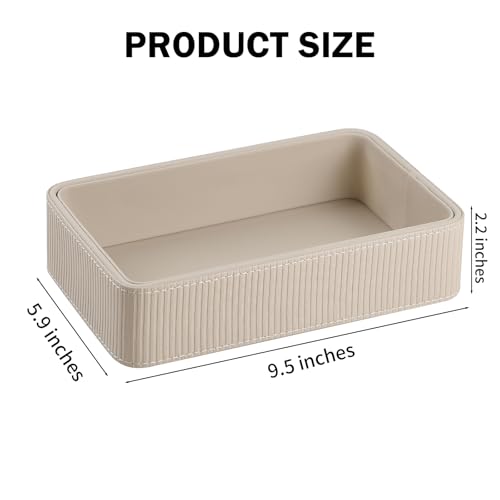 PU Leather Valet Tray Organizer, Small Nightstand Organizer Bedside Desktop Storage for Womens and Men, Perfume Trinket Catchall Vanity Tray for Key Watch Wallet (Beige, Rectangular) - color: Beige