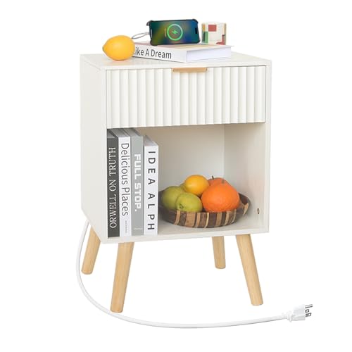 Fultyle White Nightstand with Charging Station, Mid Century Modern Bedside Table with Drawers and Outlet,Side Tables Living Room, Wooden Night Stand for Bedroom, Office (White) - color: White With Charging Station