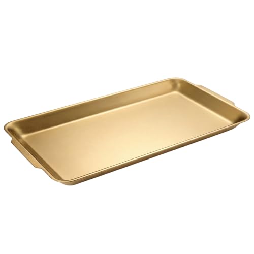 Gold Stainless Steel Decorative Tray, Rectangular Metal Platter with Raised Edges, Multipurpose Tray for Coffee Table, Kitchen and Party Display (Large) - size: Large
