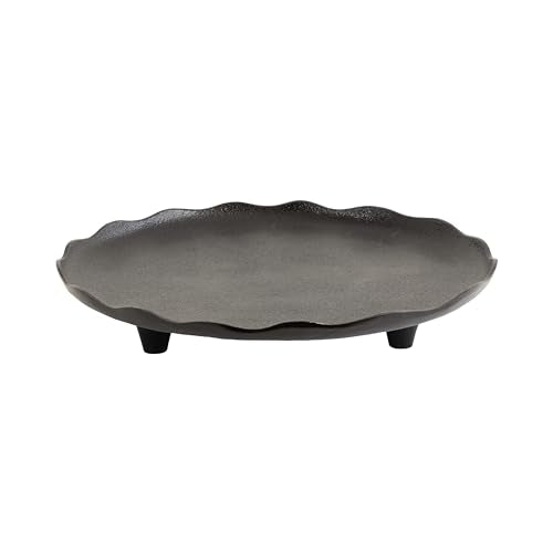 Kate and Laurel Alessia Modern Decorative Scalloped Round Footed Metal Tray; 16 Inch Diameter; Black; Transitional Food-Safe Cast Aluminum Pedestal Tray with Rough Texture and Deckled Edge - color: Black