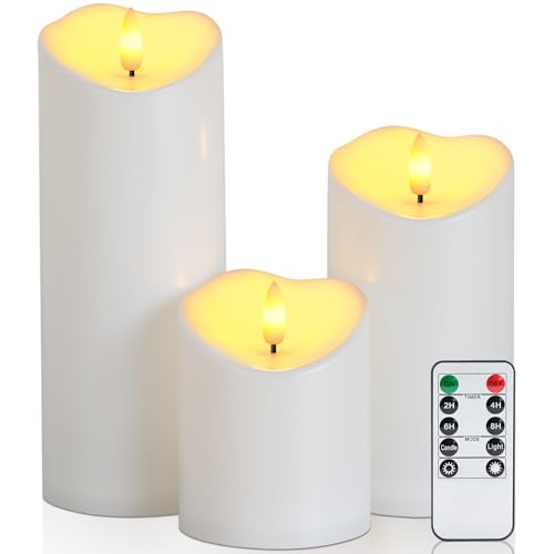 Raycare 3"x4"6" 8" Outdoor Waterproof Flameless Candles, Battery Operated LED Candles with Remote Control and Timer, Electric Fake Plastic Pillar Candles, Ivory White, Set of 3 - color: D3"xH4"6"8"-Ivory White
