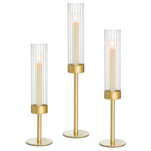 Gold Hurricane Candle Holders Set of 3, Brass Taper Candle Holders for Candlesticks, Elegant Tall Candle Sticks Holder Decor for Table Centerpiece, Wedding & Christmas Decorations