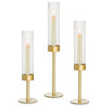 Gold Hurricane Candle Holders Set of 3, Brass Taper Candle Holders for Candlesticks, Elegant Tall Candle Sticks Holder Decor for Table Centerpiece, Wedding & Christmas Decorations