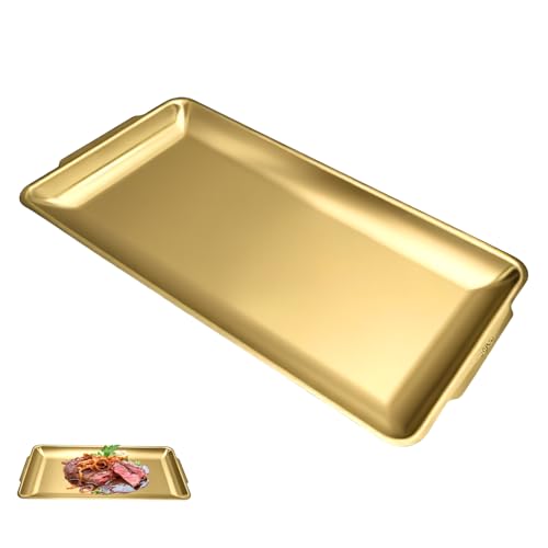 304 Stainless Steel Food Serving Tray, 12.6 Inch Rectangular Serving Tray Platters with Brushed Finish, Ideal for Kitchen Party Organizer Dining Buffet and Outdoor Events (Gold) - color: Gold 1 Pack