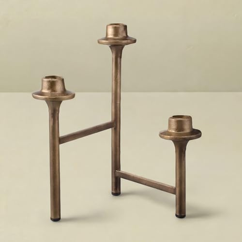 Jingmore 3 Arm Taper Brass Candelabra Vintage Foldable Metal Candle Holder for Fireplace Mantel Entryway Table Home Decor 10.25" H x 14" W x 2.5" D