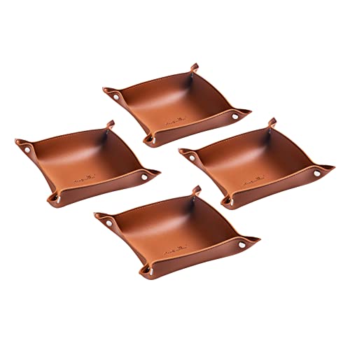 SANQIANWAN Leather Jewelry Valet Tray for Women and Man, Portable Entryway Table Tray Bedside Nightstand Desk Tray Small Catchall Travel Dish Plate for Key,Wallet,Watch,Coin (4PCs Brown-B) - color: 4pcs Brown-b, size: 8×8