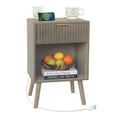 Fultyle Grey Wood Nightstand with Charging Station, Modern Bedside Table with Fluted Drawers and Storage Shelf, End Side Tables Living Room for Bedroom, Office (Grey) - color: Grey With Charging Station