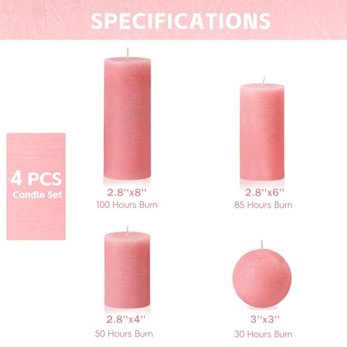 Pink Rustic Textured Pillar Candles Set - 4 Pcs Assorted Sizes Unscented Pillar Candle, Decorative Farmhouse Candles for Home Centerpiece Decor, Holiday Dinner Table, Dripless & Smokeless - color: Muted Pink