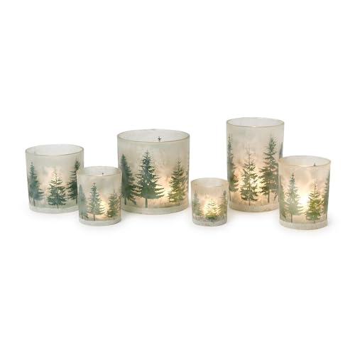 Two's Company Winter Forest Frosted Glass Candleholders, Glass, Set of 6, 82362