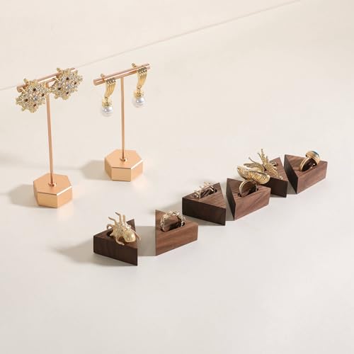 GemeShou 6pcs Wood Jewelry Ring Storage organizers, Retail ring display slot stand, Small walnut Jewelry ring holder tray for Girl Woman Room Decoration【Walnut-Triangle 6pcs】 - style: Triangle