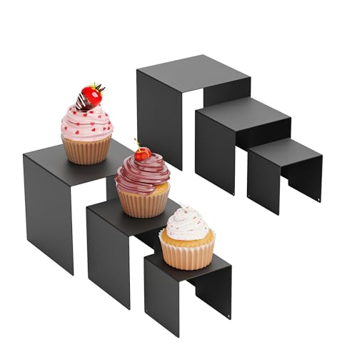 Matte Metal Display Stand,6 Pcs 2 Set Display Risers for Display, Metal Rectangular Display Shelf for Showcase, Dessert, Toys, Perfume (Black, 3''x4''x5) - color: Black, size: 3''x4''x5"