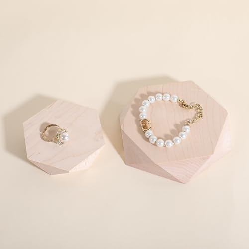 GemeShou 2pcs Wooden Jewelry display tray, Hexagon jewelry display riser, Jewelry retail shop photography props【Beech Hexagon tray-2pcs】