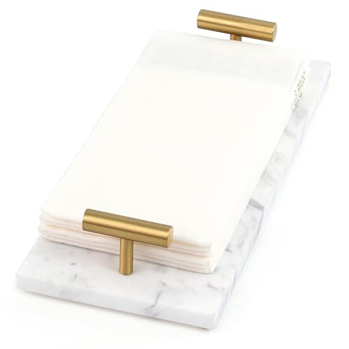 LIN CHUAN Marble Napkin Holder,Guest Towel Holder Tray,Marble Tray for Bathroom & Kitchen Countertop with Brass Handles,Paper Hand Towel Holder,White