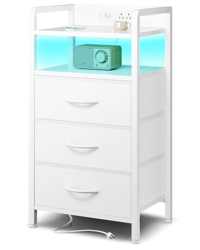 Lazzanto Night Stand Bedside Charger Bedroom - Nightstand with Charging Station, Bed Side Table with LED Light Strip, End Table with U-S-B Ports & AC Outlets, Storage Shelf & 3 Fabric Drawers, White - color: White, size: 3 Drawers