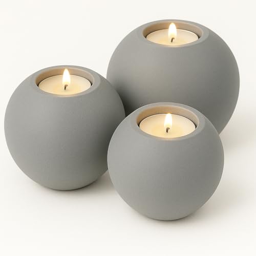 Concrete Sphere Tea Light Holder - Minimalist Centerpiece - Candle Holder - Modern Interior Design (True Gray, Set of 3 Sizes) - color: True Gray, size: Set of 3 Sizes
