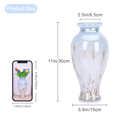 Hand Blown Glass Vase 11.8" Tall Beautiful Blue White Sea Wide Mouth Bud Vase for Table Centerpiece, Painted Colorful Murano Glass Flower Vases for - Home Entrance Wedding Center - color: Blue and White
