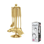Premium 7-Piece Gold Kitchen Utensil Set with Stand, Stainless Steel Cooking Tools- Dishwasher Safe Ladle, Spoon, Spatula, Pasta Fork, Luxury Brass Kitchen Accessories for Home Chefs (Gold) - color: Gold