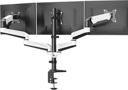HUANUO Triple Monitor Stand - Full Motion Articulating Monitor Mount Fit Three 17 to 32 inch LCD Computer Screens with Clamp, Grommet Kit - color: White