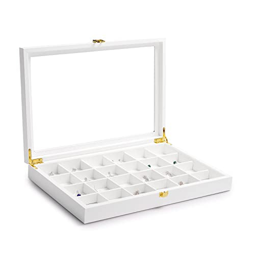 Oirlv Premium Blue Leather 24 Grid Jewelry Tray with Transparent Lid Earrings Rings Organizer Box Stackable Jewelry Box Drawer Inserts Women Gift - color: White, size: 24 Grid
