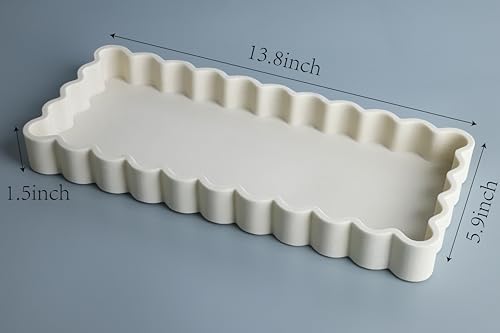 Vixdonos Wavy Edge Decorative Tray,Rectangular Concrete Tray for Coffee Table Decor,13.8X5.9X1.5 Inches(Beige)