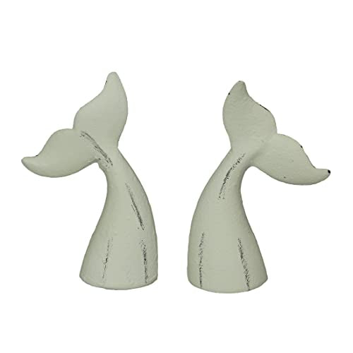 Set of 2 Nautical Cast Iron Decorative Book Ends for Home Decor, Coastal Themed Shelves, and Beach House - Rustic White Enamel Finish - Organize and Beautify Your Space - color: Whale Tail - White