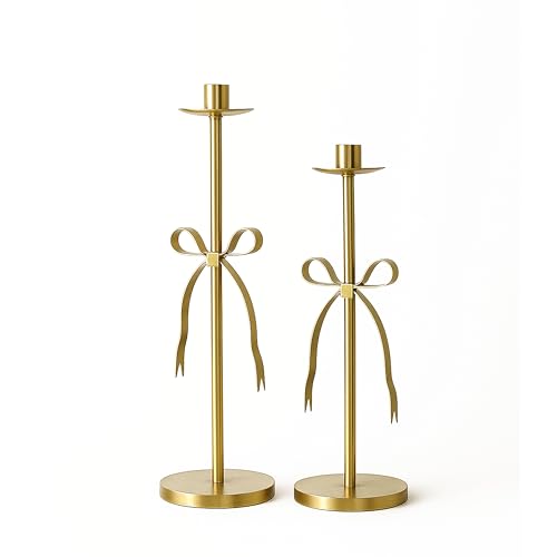 Gold Candle Holders Set of 2 Metal Taper Candle Stands with Bow Design, Modern Decorative Candlesticks for Dining Table, Wedding, Fireplace, Holiday & Christmas Decor - color: Gold