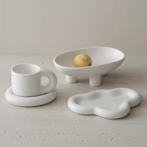 WENSHUO Three-Legs Ceramic Fruit Bowl for Kitchen Counter, Decorative Bowl for Table Décor, 10-inch Oval Large Bowls for Breads (Nacre White) - color: Nacre White