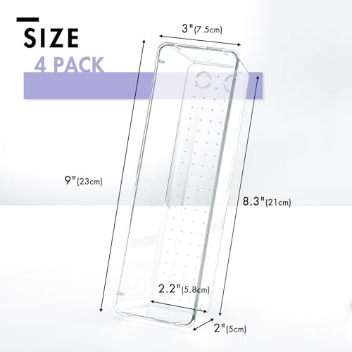 HOUSE DAY Desk Drawer Organizer Bins 4 PCS, 9*3*2" Clear Drawer Organizers with Silicone Pads, Vanity Organizers and Storage, Non Slip Plastic Drawer Organizer for Makeup, Bathroom, Kitchen, Office - size: 4 Pack -9x3x2''