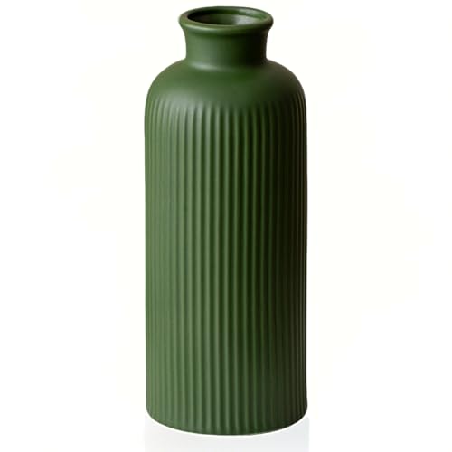 Green Ribbed Ceramic Vase for Flowers, Modern Textured Decorative Vase, 10 Inch Tall, 4 Inch Width, Farmhouse Style Home Decor (Matte Glaze Green) - color: Green