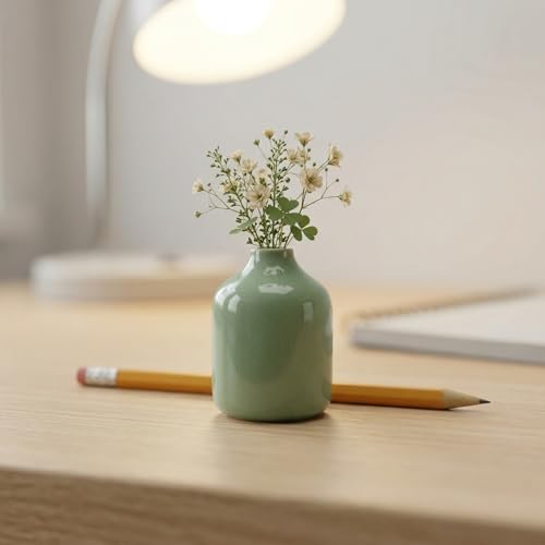 Sunddo 4 Inch Small Green Vase - Modern Ceramic Bud Vases for Living Room, Cute Bottle Decorative Flower Vase for Pampas Grass, Office Desk, Shelf, Centerpiece, Bathroom Decor - color: Green, size: 4 inch