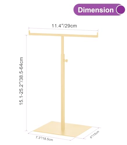 Purse Display Stand T Shaped, Countertop Jewelry/Scarf/Handbag T-Bar Display Stand, Tabletop Double Hook Hanging Stands for Long Necklaces, Metal with Adjustable Height - Gloden - color: Golden
