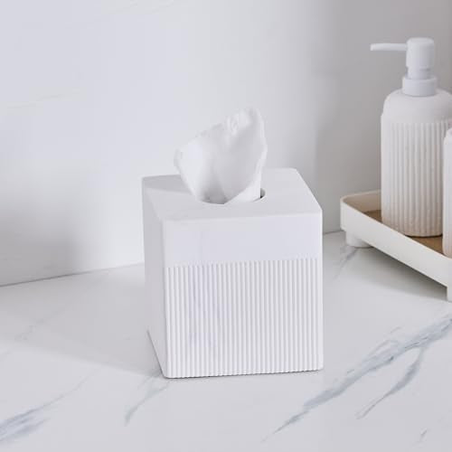 White Tissue Box Cover Square Resin Tissue Holder for Home Decor, Hand Poured Marble Ribbed Cube Tissue Box Holder – 5.5 Inch Heavy Duty Luxury Tissue Box Case for Bathroom, Living Room, Office - color: A-white