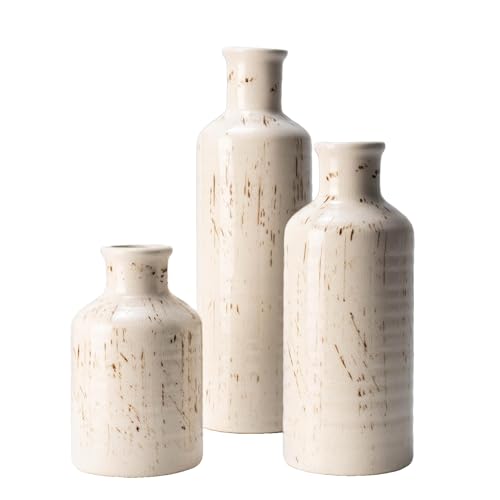 Vintage Ceramic Flower Vase Set of 3, Rustic Farmhouse Vase for Home Decor, Distressed Decorative Vase for Table Entryway Mantel Centerpiece Living Room Bathroom Bedroom (Cream Stripe) - color: 113-cream Stripe