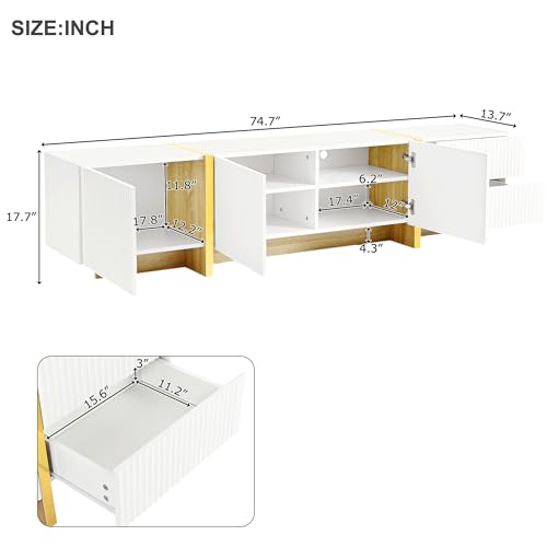 ON-TREND Luxury Fluted TV Stand for TVs Up to 80'', Modern Entertainment Center with Storage Cabinets & Drawers, Smooth Media Console with Golden Wood Grain Legs for Living Room, White - color: White4