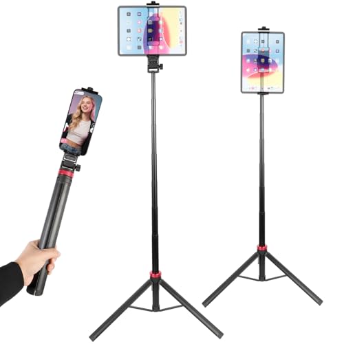 Xik Portable 81" iPad Tripod Stand, Extendable Aluminum Alloy Travel Tablet Tripod Holder, Compatible with iPad Pro, iPhone, Kindle & All 4.7-12.9" Tablets（Extendable Height: 14.4" to 81" ）