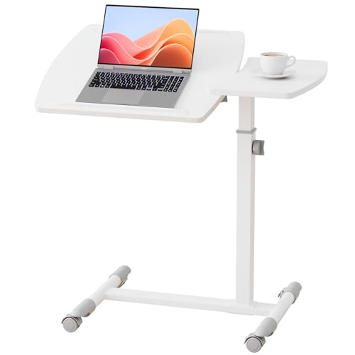 GTPLAYER Mobile Small Standing Desk, Tiltable Sit Stand Portable Rolling Laptop Desk with Lockable Wheels, Adjustable Height Overbed Bedside Table Computer Workstations, White - size: 28x16in (Tiltable)