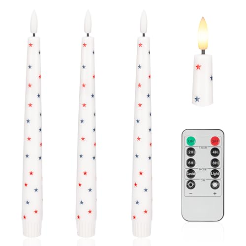 4th of July Candles, Flameless Taper Candles with Remote, 9.6" Red White and Blue Star Candles, Real Wax Flickering Independence Flameless Candles, Patriotic Candles, Battery Candles, Set of 3 - color: Patriotic White