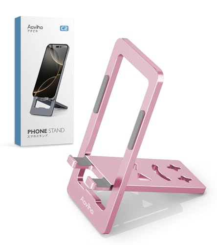 Aoviho Phone Stand for Desk, Ultra-Thin Foldable Aluminum Phone Holder, Portable Travel & Office Cell Phone Stand Compatible with iPhone 17 16 15 14 13 12 Pro Max, Fits 3.7"-7" Devices, Pink - color: Pink