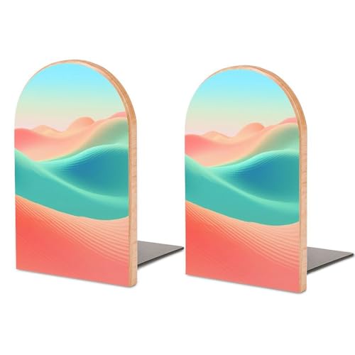 Colorful Mountains Wooden Bookends Shelves 2 PCS Minimalist Design Rolling Hills Sturdy Book Holders Desktop Organizer for Home Office Libraries - color: Color