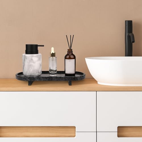 Marble Oval Bathroom Vanity Tray with Leg,Natural Stone Small Decorative Tray,Soap Dispenser Dresser Top Perfume Home Kitchen Toilet Tray for Soap Bottles, Key Trinket Ring (Black Grey)