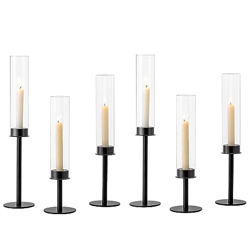 Hewory Black Candlestick Holders Hurricane Candle Holder, 6Pcs Candle Stick Candle Holder Candelabra, Taper Candle Holders with Glass Candle Cover for Wedding Table Centerpiece Christmas Decor - color: Black, size: 6pcs