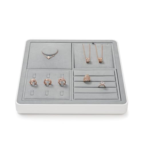 Microfiber 16 Grids Stackable Jewelry Display Trays Showcase Jewelry Organizer Storage Trays(Gray) - size: 5.49" x 5.52" x 0.78"
