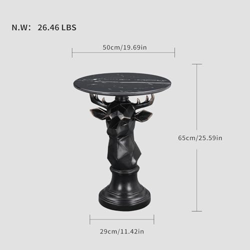 Deer Side Table for Living Room - 20" Faux Marble Top Accent End Table with Hand-Carved Resin Deer Statue Base - Modern Round Bedside Table for Bedroom, Patio, Entryway,Gift - Tool-Free Setup - color: Black Deer