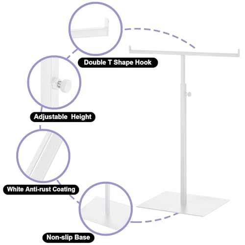 Purse Display Stand T Shaped, Countertop Jewelry/Scarf/Handbag T-Bar Display Stand, Tabletop Double Hook Hanging Stands for Long Necklaces, Metal with Adjustable Height - White - color: White
