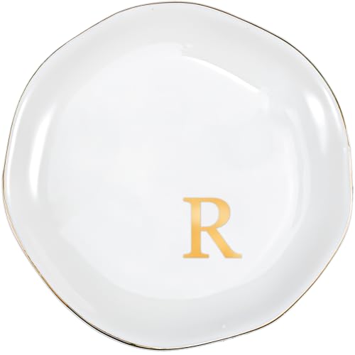 ProCase Ceramic Jewelry Tray, Initial Ring Dish Trinket Plate Engagement Gift, Small Personalized Monogram Ring Bowl for Wedding, White Decorative Jewelry Holder for Women Vanity -Letter R - style: R