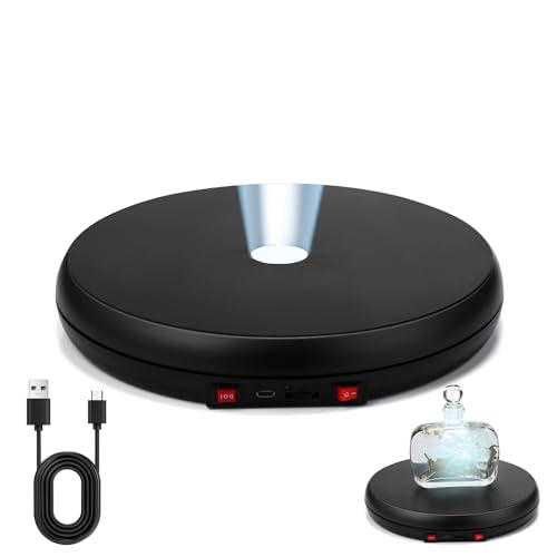 Colingmill LED Light Motorized Rotating Display Stand Turner 360 Degree Display Spinner 10 Inch/44lbs Black Electric Rotating Display Base with USB Cable for Photography Products Display Jewelry