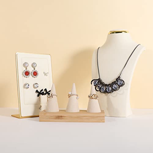 GemeShou Beige wood ring storage organizer, Velvet Jewelry ring display holder, Cute ring display stand for selling, wedding ring holder at nightstand【Beige with three cone】 - size: Medium
